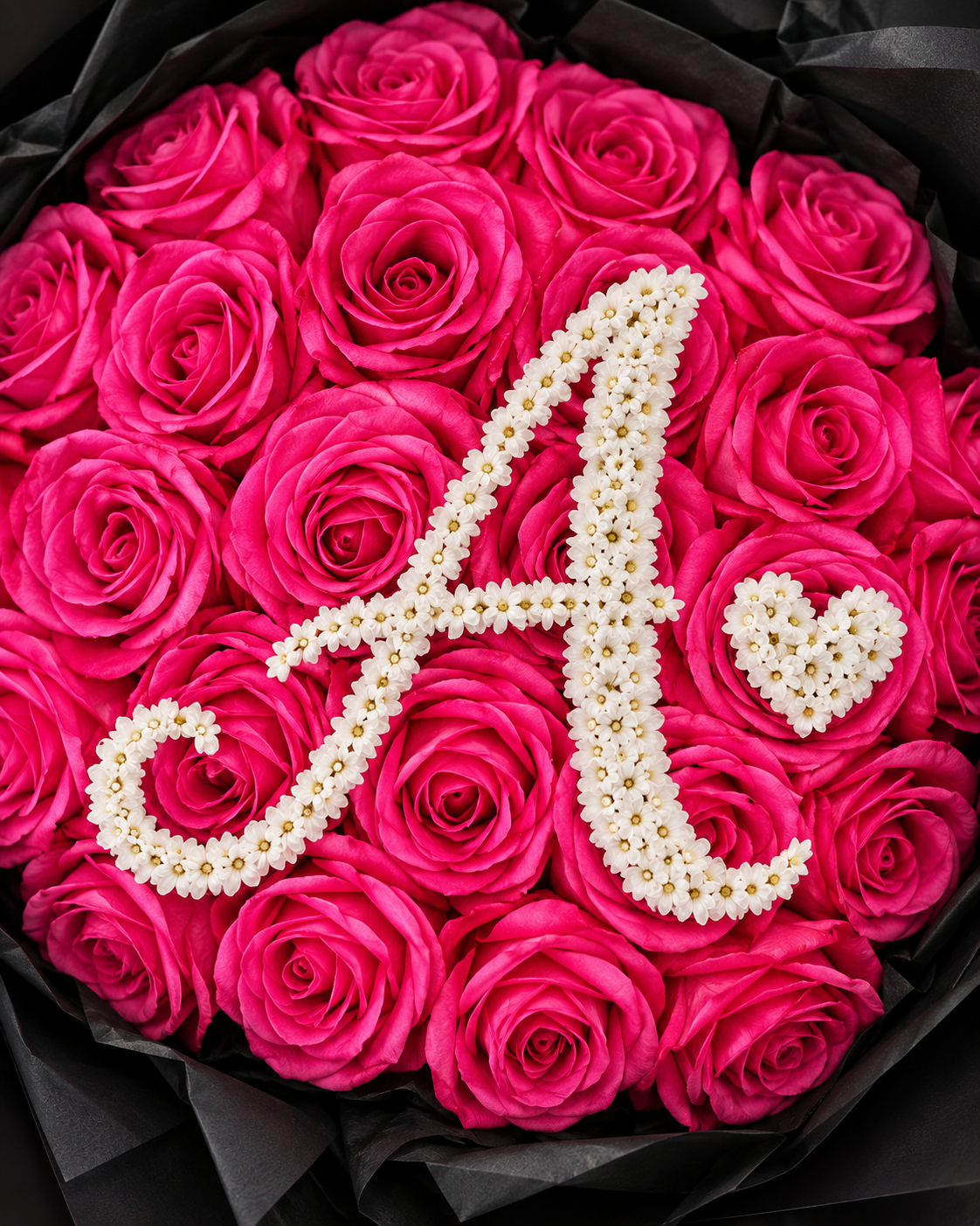 Gros plan sur les roses éternelles rose fuchsia et la lettre perlée du bouquet SOFIA