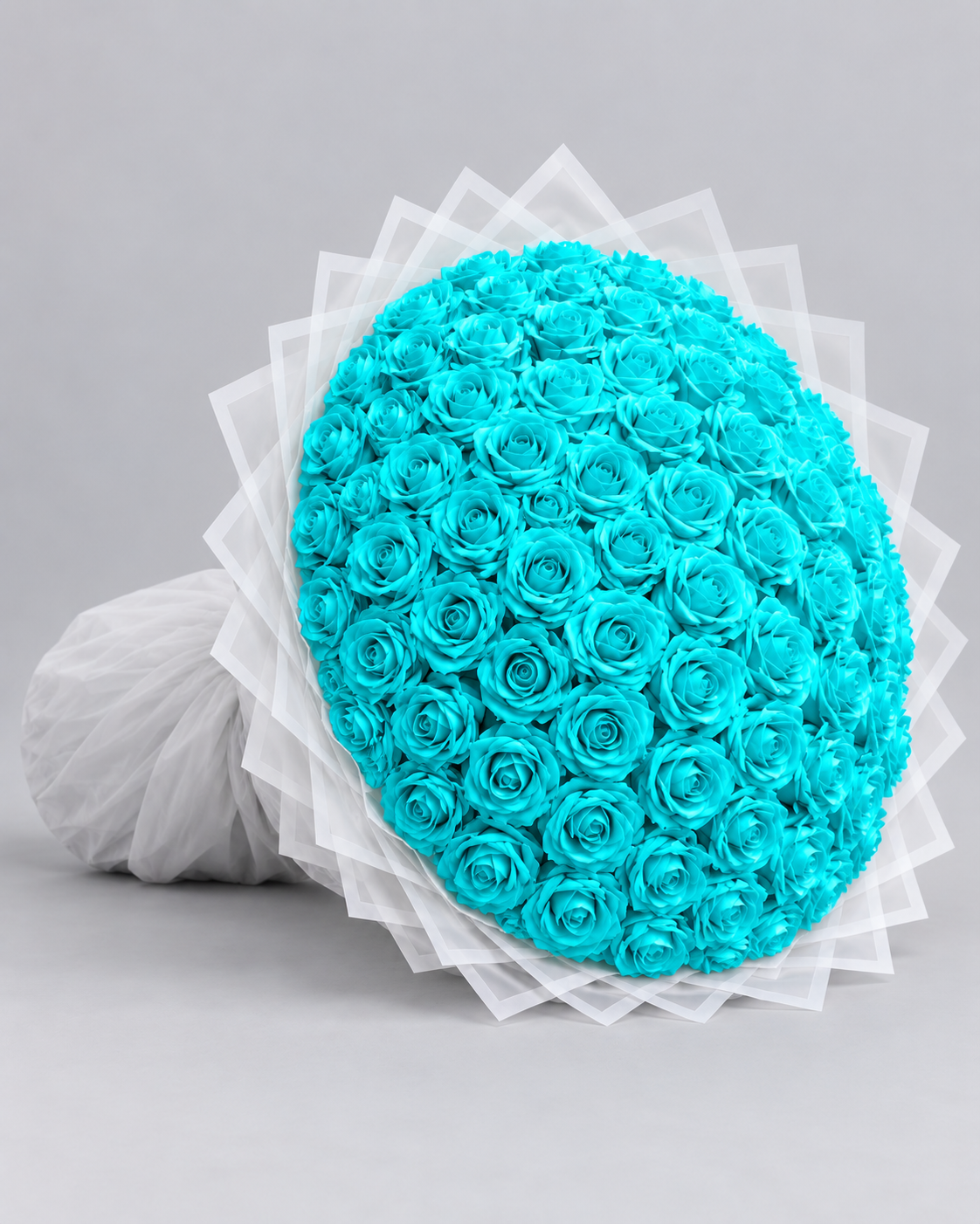 Bouquet TIFFANY de 50 roses éternelles bleu turquoise, vue de côté