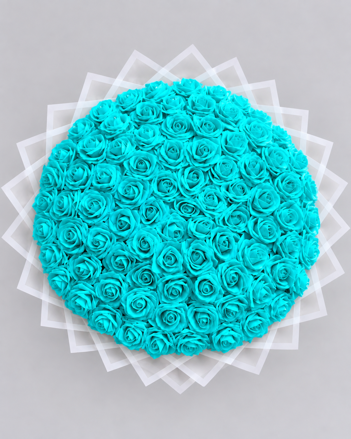 Bouquet TIFFANY de 50 roses éternelles bleu turquoise, vue de face