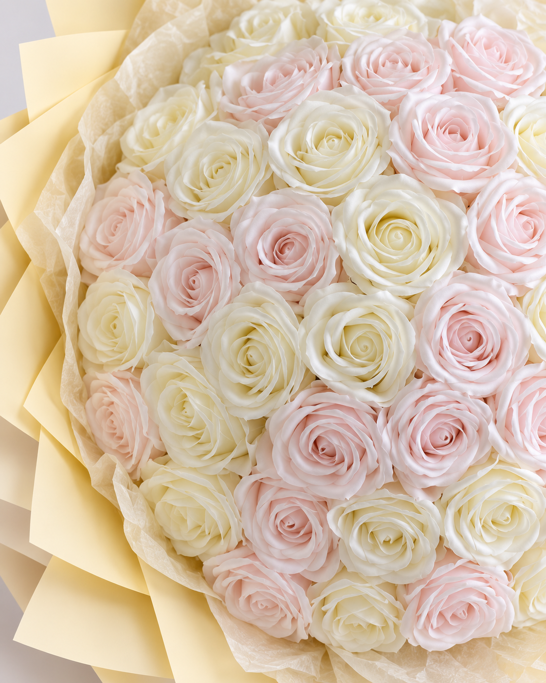 Gros plan sur les roses éternelles rose pâle et blanc du bouquet VANILLA