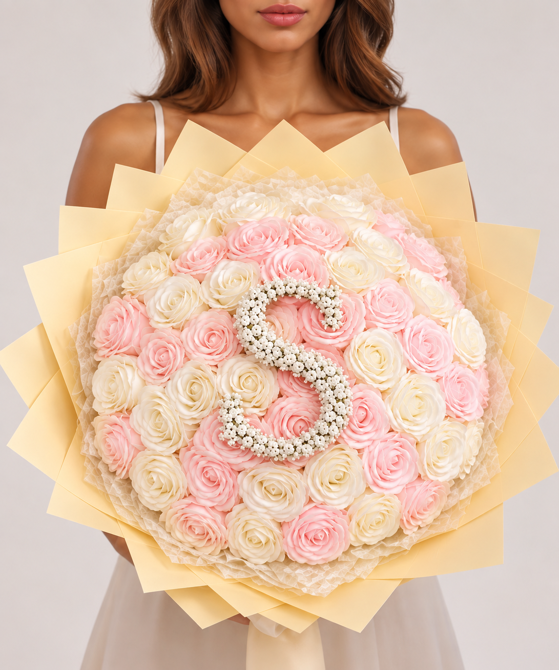 Bouquet VANILLA de roses éternelles rose et blanc avec lettre S perlée, tenu à la main