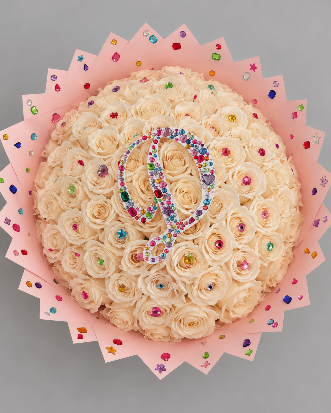 Bouquet XÉLA de roses fraîches blanc crème et strass, vue de face