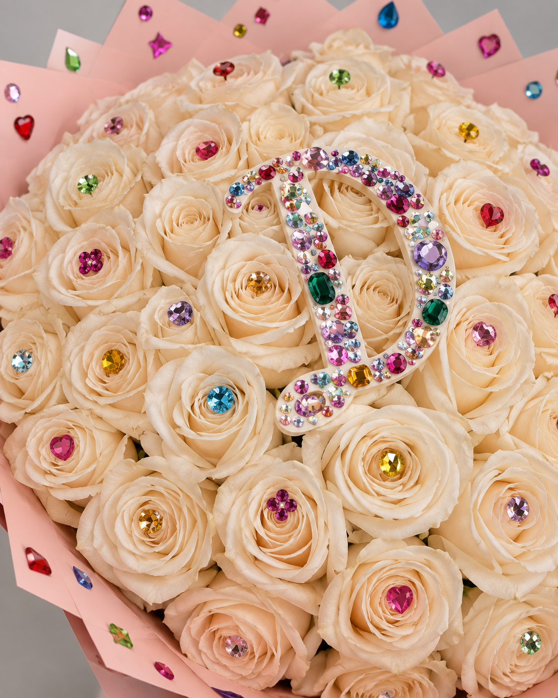 Gros plan sur les roses fraîches blanc crème et les strass du bouquet XÉLA