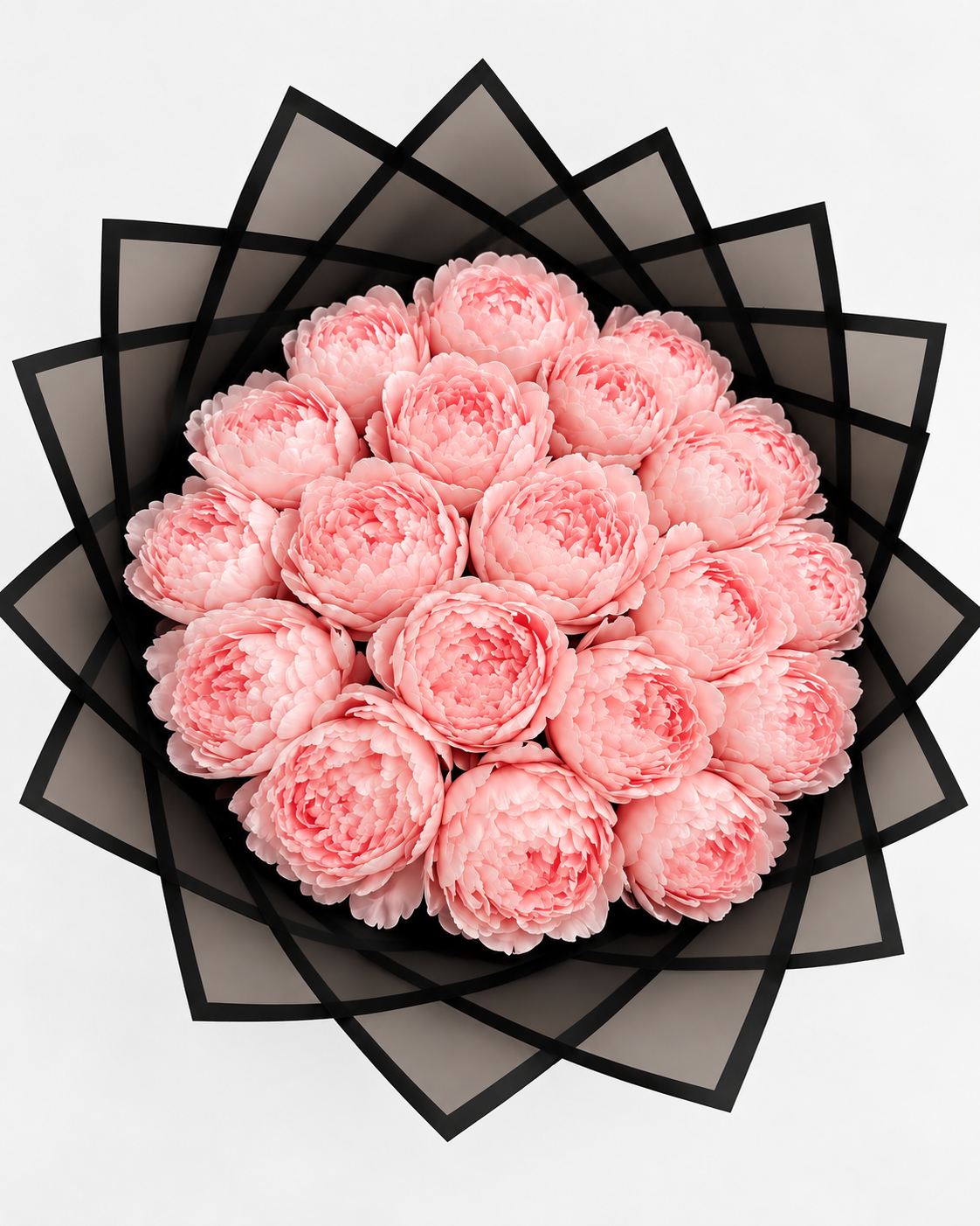 Vue de dessus du bouquet YASSMINE de pivoines éternelles rose clair